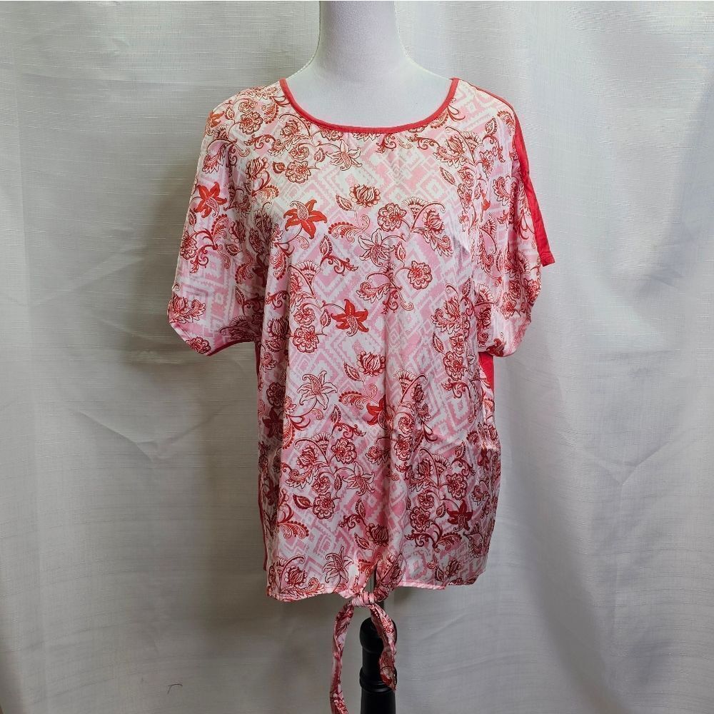 Dana Buchman Red Mixed Media Short Sleeve Top with Tie Size XL